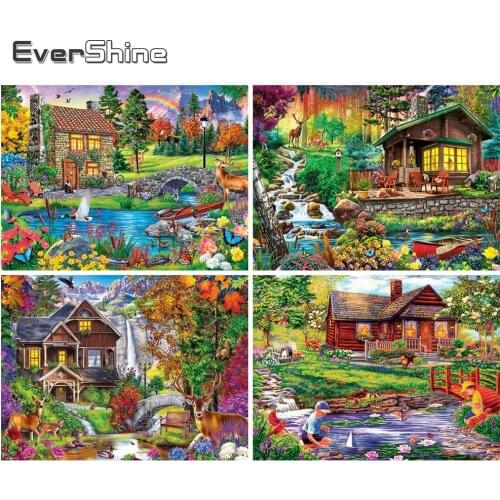 Evershine Full Square Diamond Painting House Pictures Of Rhinestones Diamond Embroidery Spring Scenery Cross Stitch Handicrafts