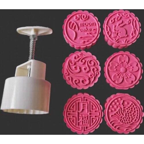 125g round shape rabbit flower design Mooncake mung bean cake Molds mould with 6 Stamps plastic hand pressure , 50sets/lot