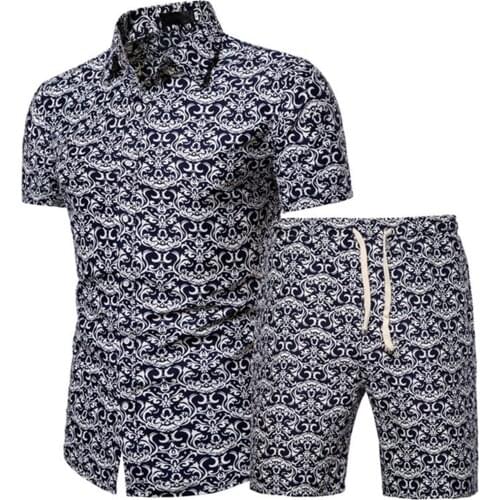 Hirigin Summer Set Men Floral Print Shorts Set Hawaiian Shirt + Shorts Beach Shorts Clothes Vocation Outfit Male Two Piece Set