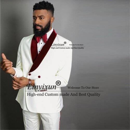 Handsome Ivory Slim Fit Men Suit Wedding Groom Tuxedos Burgundy Shawl Lapel Blazer Best Man Terno Masculino 2 Pieces Jacket+Pant