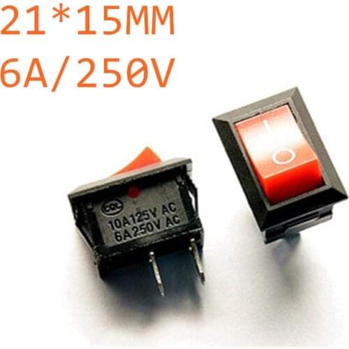 10pcs 21MM*15MM Red Push Button Mini Switch 6A-10A 110V 250V KCD1-101 2Pin Snap-in On/Off Rocker Switch Red