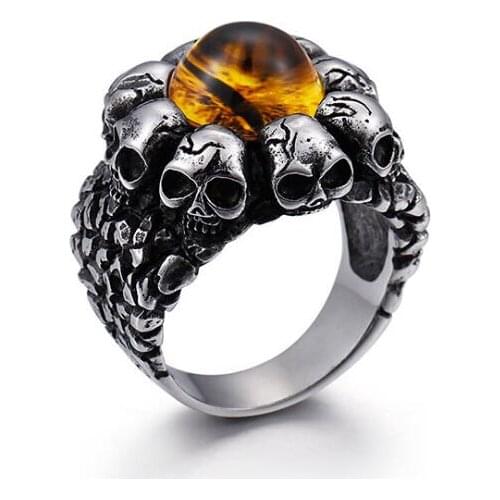 Cool Punk Rock Stainless Steel Skull Rings For Men Vintage Gothic Style Biker Jewelry With Red Yellow Stone Dropshipping Gift