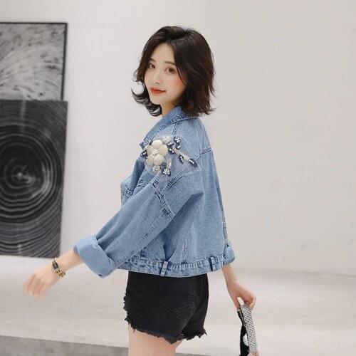 Spring Autumn New Women Short Denim jacket Loose FIt Bf Style Beading Casual Jean Jacket Coats Female Flower Outerwear Lady