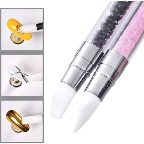 Nail Art DIY New Double Way Rhinestone Silicone Head Brush Decoration Manicure Tools Brush Pen Carving Dotting for Women 1 Pcs