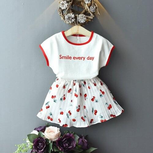 Smile Every Day Girls Summer Clothes Set Simple Letter Short-Sleeve T-shirt & Cute Cherry Skirt Two-piece Baby Casual Clothing
