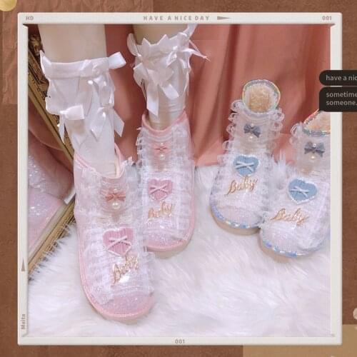 Sweet lolita shoes lace bowknot princess kawaii shoes sweet heart low heel 1-3cm Round toe short tube snow boots thicken warm