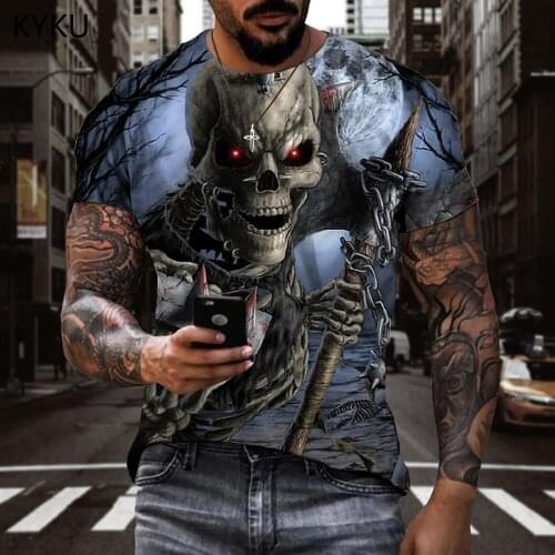 KYKU Brand Skull T-shirt Men Moon Shirt Print Skeleton Funny T shirts Hip Hop Anime Clothes Mens Clothing Punk Rock Cool