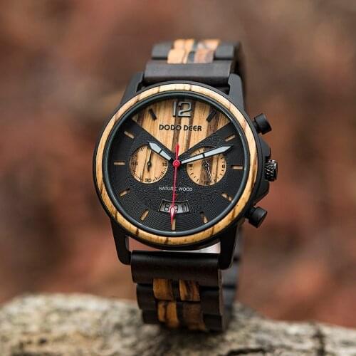 DODO DEER Zebra Wood Watches Men Quartz Wristwach Male Stainless Steel Metal Stopwatch Auto Date Dropship Gift for Him