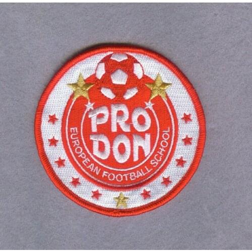Custom 100% Embroidered EUROPEAN FOOTBALL SCHOOL Merrow Edge Patch Iron-on Backing