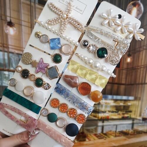New 1 Set Fashion Acrylic Crystal Hair Clips For Women Korea Elegant Vintage Pearl Geometric Hairpin Girl Sweet Hair Accessories