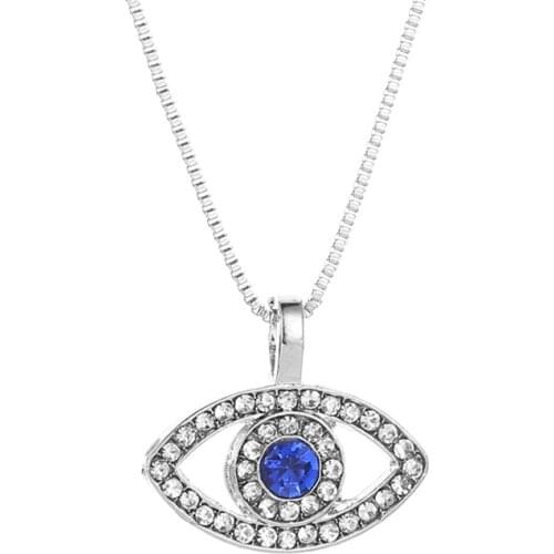 Oval Devils Eye Hollow Blue White Rhinestone Alloy Silver Plated Clavicle Chain Necklace for Women