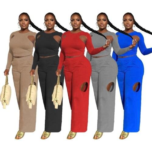 Casual Hollow Out Solid Tracksuit Women Pants Suit Sexy Cut Out O Neck Long Sleeve Crop Top + Wide Leg Pants Two Piece Set