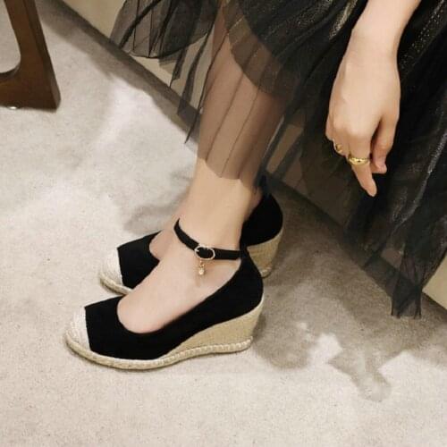 Sianie Tianie 2021 Flock Faux Suede Green Black Patchwork Mary Janes Ankle Buckle Strap Espadrilles Wedges High Heels Pumps Lady