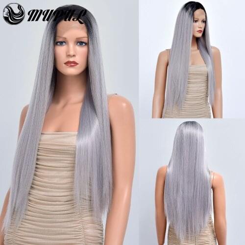Gray Ombre Long Silky Hair Synthetic Wig For Black White Women Lace Front Stright Female Natural Fiber Heat Resistant Wigs