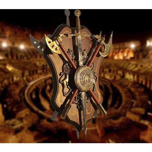 Ancient Roman Sparta Shield Sword Wall Decor Antique Shield with Armor Medieval Axe Lion Ornament Crafts KTV Bar Wall Hanging