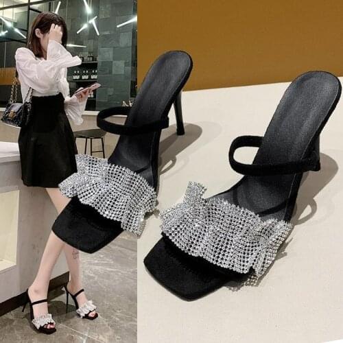 Rhinestone High Heels Pumps Women Shoes New Summer Shoes Women Fashion Open Toe Slip-On Thin Heels Sandals Women Party Shoes 43