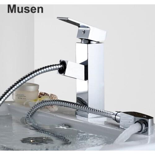 High Quality Hot Cold Water Tap Chrome Finish Single Handle Pull Out Bathroom Faucet Mixer