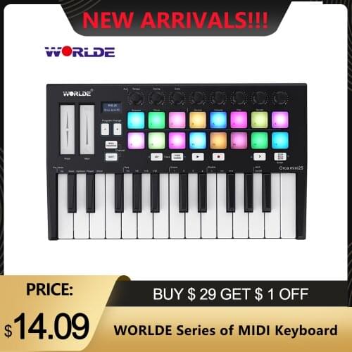 WORLDE Series of 25-Key USB MIDI Keyboard Controller MIDI Controller with 16 RGB Backlit Trigger Pads 8 Assignable Control Knobs