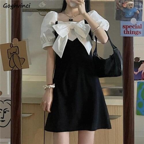 Women Short Puff Sleeve Dresses Patchwork Square Collar Japan Style Retro Bow Kawaii Sweet Fairy Trendy A-line Teens Elegant New