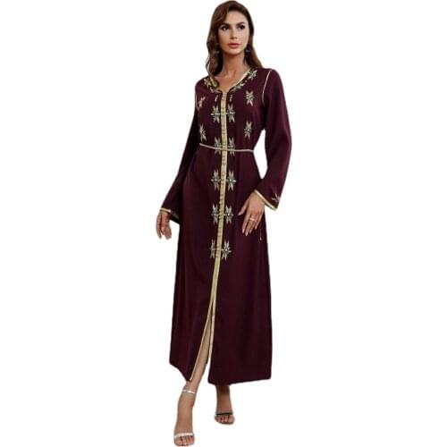 Moroccan Kaftan Abaya Muslim Women Gorgeous Rhinestones Long Sleeve V Neck Stylish Robe Party Gown Arab Dubai Indie Folk Clothes
