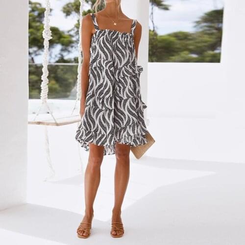 2021 New Summer Spaghetti Strap Ruffles Print Dress Women Boho Casual Loose Sleeveless Holiday Female A Line Beach Vestidos