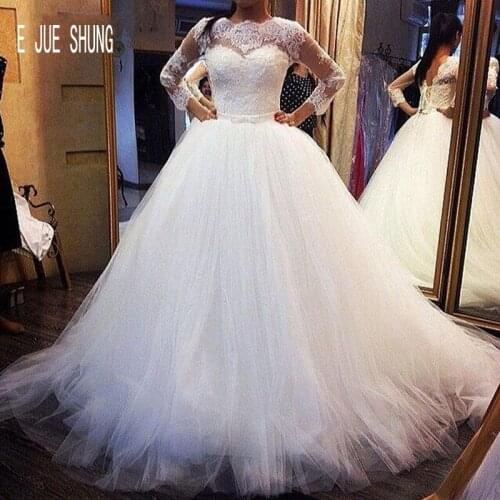 E JUE SHUNG Elegant Bride Dresses Illusion 3/4 Long Sleeves Lace Ball Gown Princess Wedding Dresses Jewel Neck Robe De Mariee