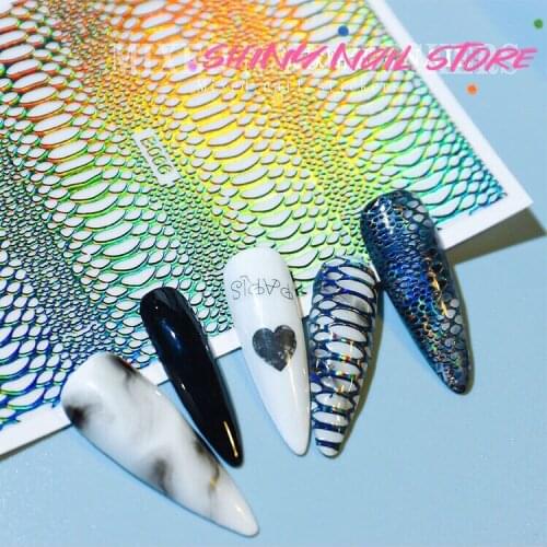 12 pcs Colorful Laser Holographic Snake Grid Nail Sticker Set Self Adhesive DIY Manicure Hollow Crocodile Print Decals SNTZ25