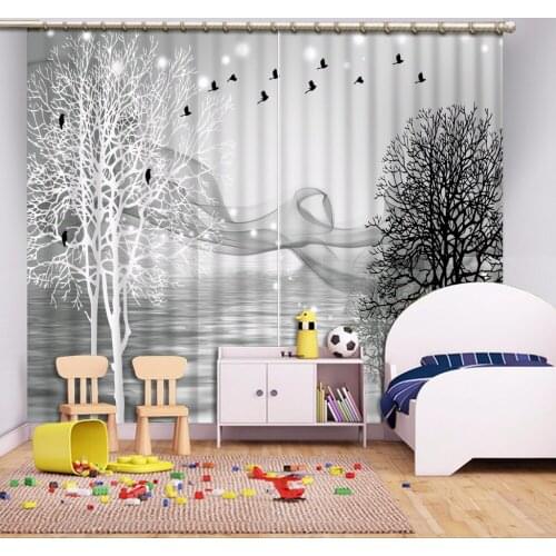 3D Curtain Gray Background Black And White Tree Smoke Window Curtain Living Room 3D Bathroom Shower Curtain 3D Curtain Blackout