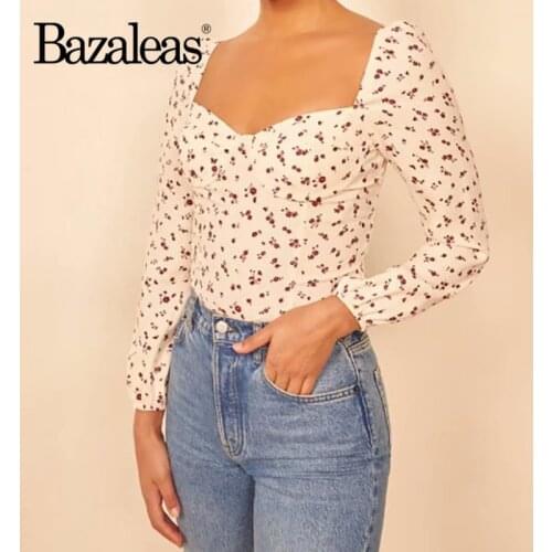 Bazaleas Chic Red Floral Print Cream ropa mujer Fashion Long Sleeve blouse women harajuku Vintage Blouse