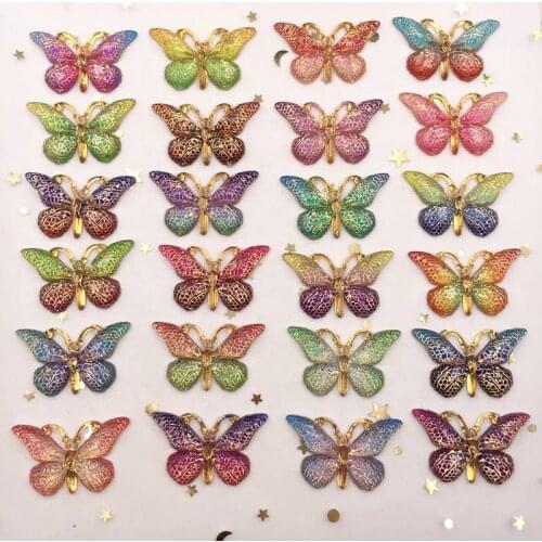 New 100pcs Resin Bling Colorful Crystal Butterfly Flatback Rhinestone 1 Hole Ornaments DIY Wedding Appliques Craft Buttons