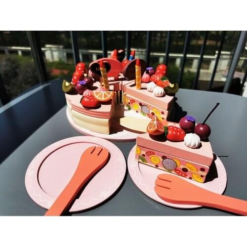 Kids Magnet Pink Wooden Birthday Cake Toys/Wooden Kitchen Cakes Double Layers with Strawberry Real Life Pretend Toy