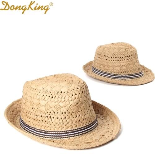 DongKing Parent-child Panama Hats Trilby Gangster Cap Casual Trendy Beach Sun Straw Jazz Hat Stripe Ribbon Hats
