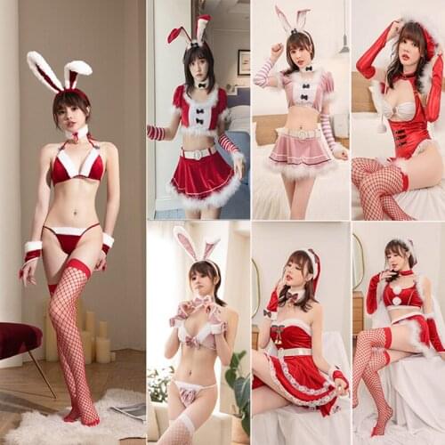 Sexy Red Bunny Girl Christmas Bikini Bra Set with Cute Rabbit Tail Erotic Lingerie Halloween Outfit for Women Cosplay Costumes