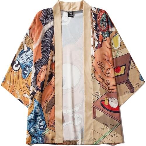 Japanese Harajuku Yukata Female Tokyo Streetwear Men Women Cardigan Traditional Clothing Cartoon Anime One-eyed Monster Kimono