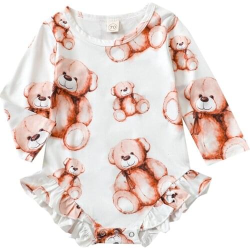 2021 0-24M Spring Fall Baby Boy Girl Jumpsuit Bears Print Long Sleeve O Neck Ruffle Casual Romper Playsuit Cotton Outfit