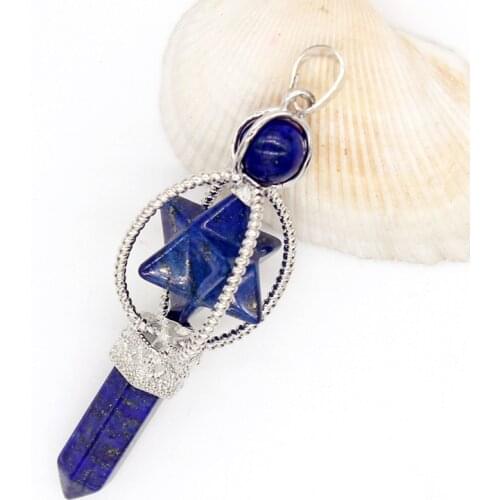 Trendy-beads Silver Plated MerKaBa Hexagon Column Lapis Lazuli Pendant For New Year Sceptre Jewelry