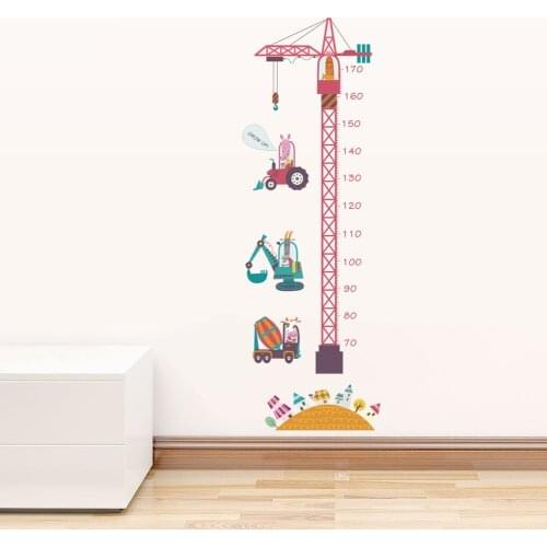 Cartoon Pink Crane Engineer Car Height Measure Wall Stickers For Children Room Mural Pvc Growth Chart Home Decals Art Wallposter