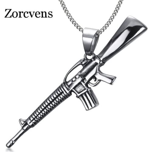 ZORCVENS Mens Necklace Stainless Steel Gun Rifle Iced-Out Pendant Chocker Army Style Collier Fashion Jewelry