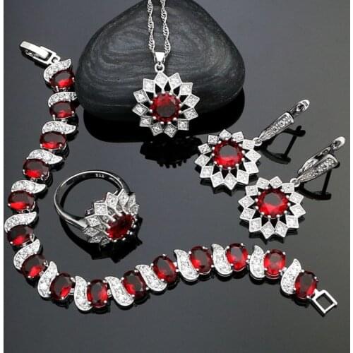925 Sterling Silver Wedding Jewelry Sets For Bride Red Stone White Crystal Earrings/Pendant/Necklace/Ring/Bracelet Set