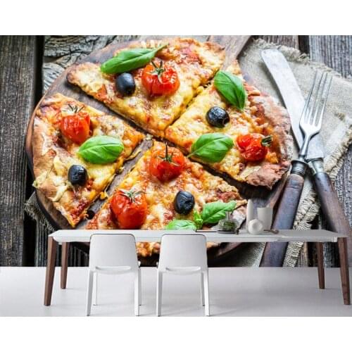 Papel de parede Fast food Pizza Vegetables Fork Wood planks Food wallpaper,fast food shop restaurant dining room kitchen murals