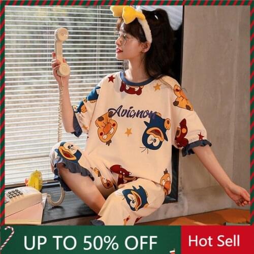 Pajama Sets Women Short Sleeves Printed Sweet Plaid-bottom Large Size 3XL Loose Sleepwear Summer Korean Style Comfortable Chic
