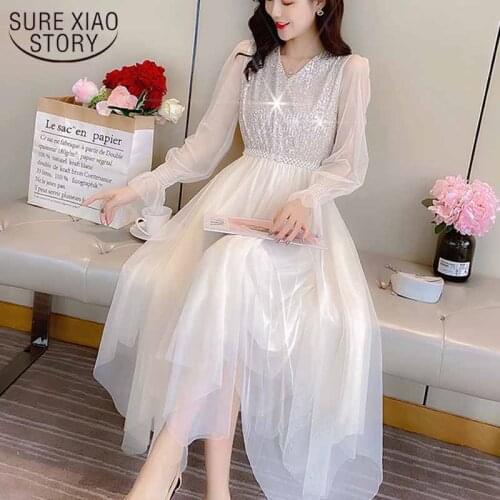Flare Sleeve V-neck Sequin Mesh Stitching Early Autumn Dress Women High Waist Mid-length Elastic Waist Slim Ladies Dress 12550