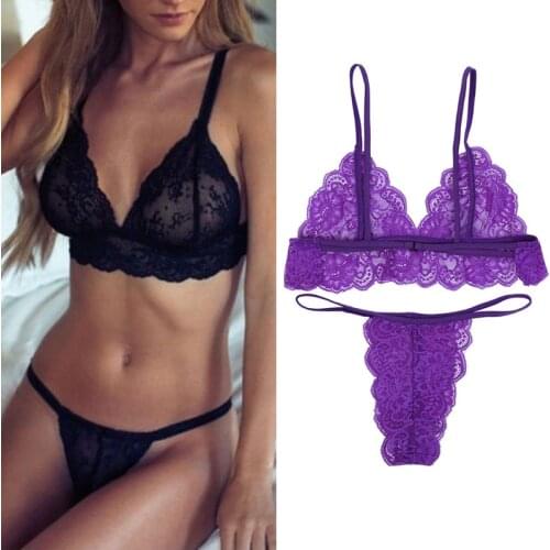 Sexy Lingerie Set Women Transparent Lace Babydoll Open Bra Floral Purple G-String Underwear Set Night Robes Bra And Panty Sets