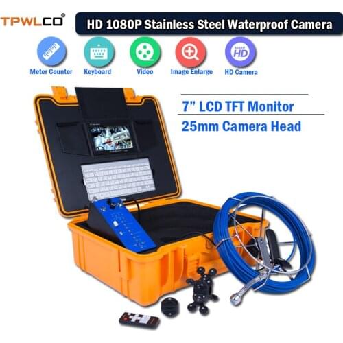 Waterproof 25mm Industrial Inspection Camera 7" LCD TFT Drain Endoscope Camera System 20m Cable With Keyboard/DVR/Sun-visor
