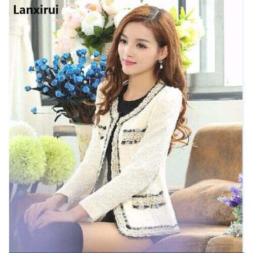 Women Clothing Long Sleeve V -Neck Spliced Tweed Jacket Short Coat Female Casual Fashion Slim Patchwork Cardigans Outerwear