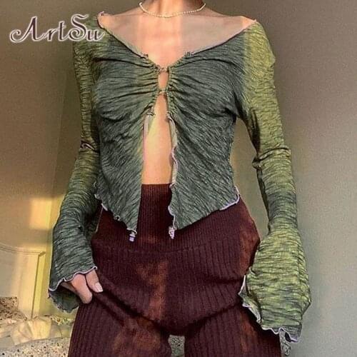ArtSu Vintage T shirt Women Y2K Aesthetic Clothes Harajuku Graphic T shirts V neck Ladies Tops Long Sleeve Crop Top Sexy T-shirt