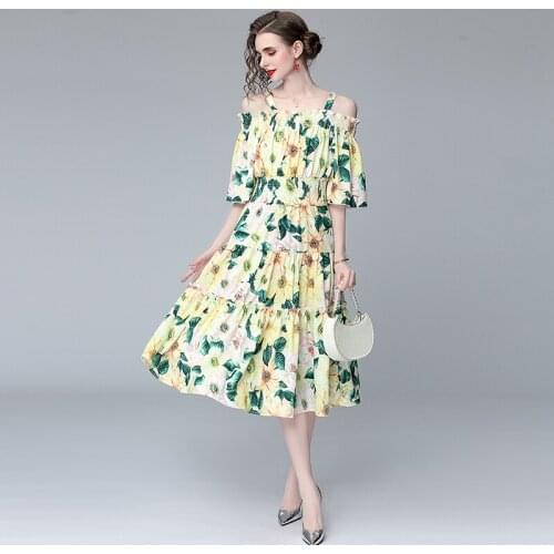Menahem New 2021 Fashion Runway Summer Dress Women Elegant Spaghetti Strap Floral Print Elastic Waist Vacation Beach Long Dress