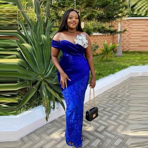 Robyal Blue African Prom Dresses For Black Girls Scoop Applques Lace Mermaid Evening Gowns For Women Plus Size Party Vestidos