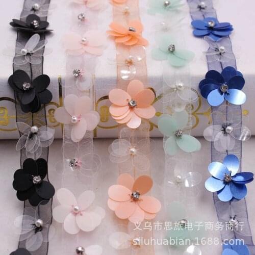 1 yards Rhinestones Sequins Flower Organza Stain Ribbon for DIY Crafts Gift Package Wedding Party Decor Sewing Material