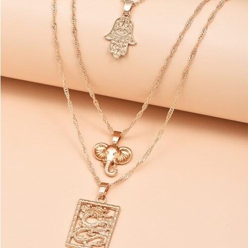 3 Pcs/Set Vintage Gold Elephant Dragon Pendant Necklace Set Vintage Multilayer Necklace Jewelry Accessories